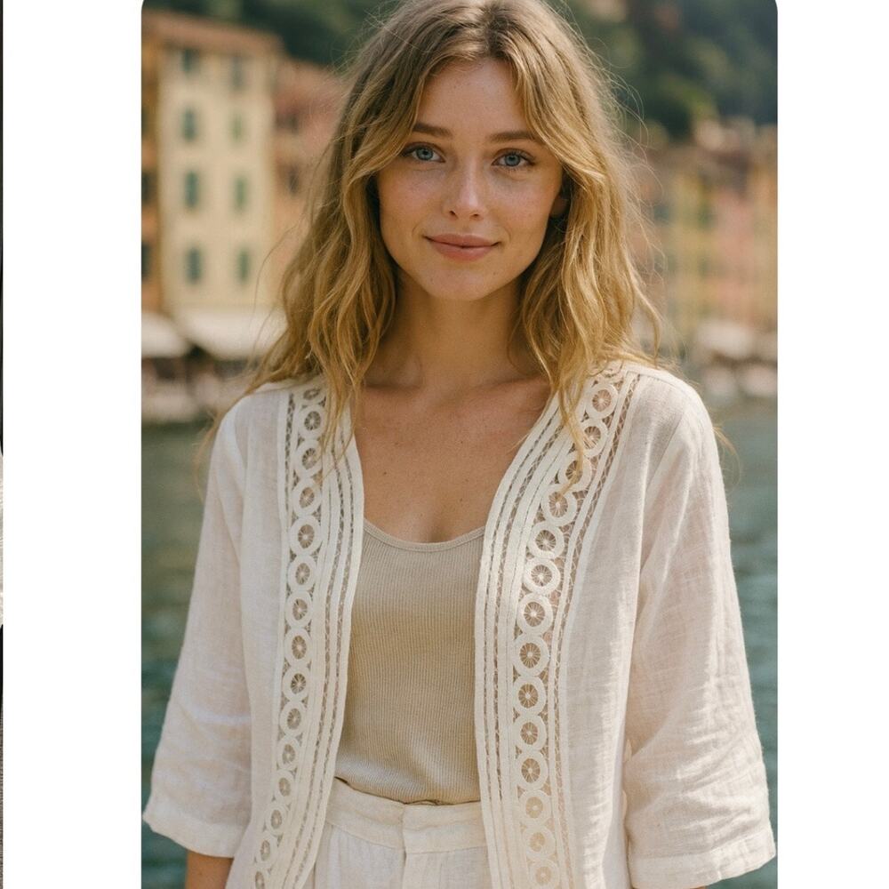 Chico’s White Linen Blend Eylet Trim Boho Coastal Cowgirl European Summer Kimono